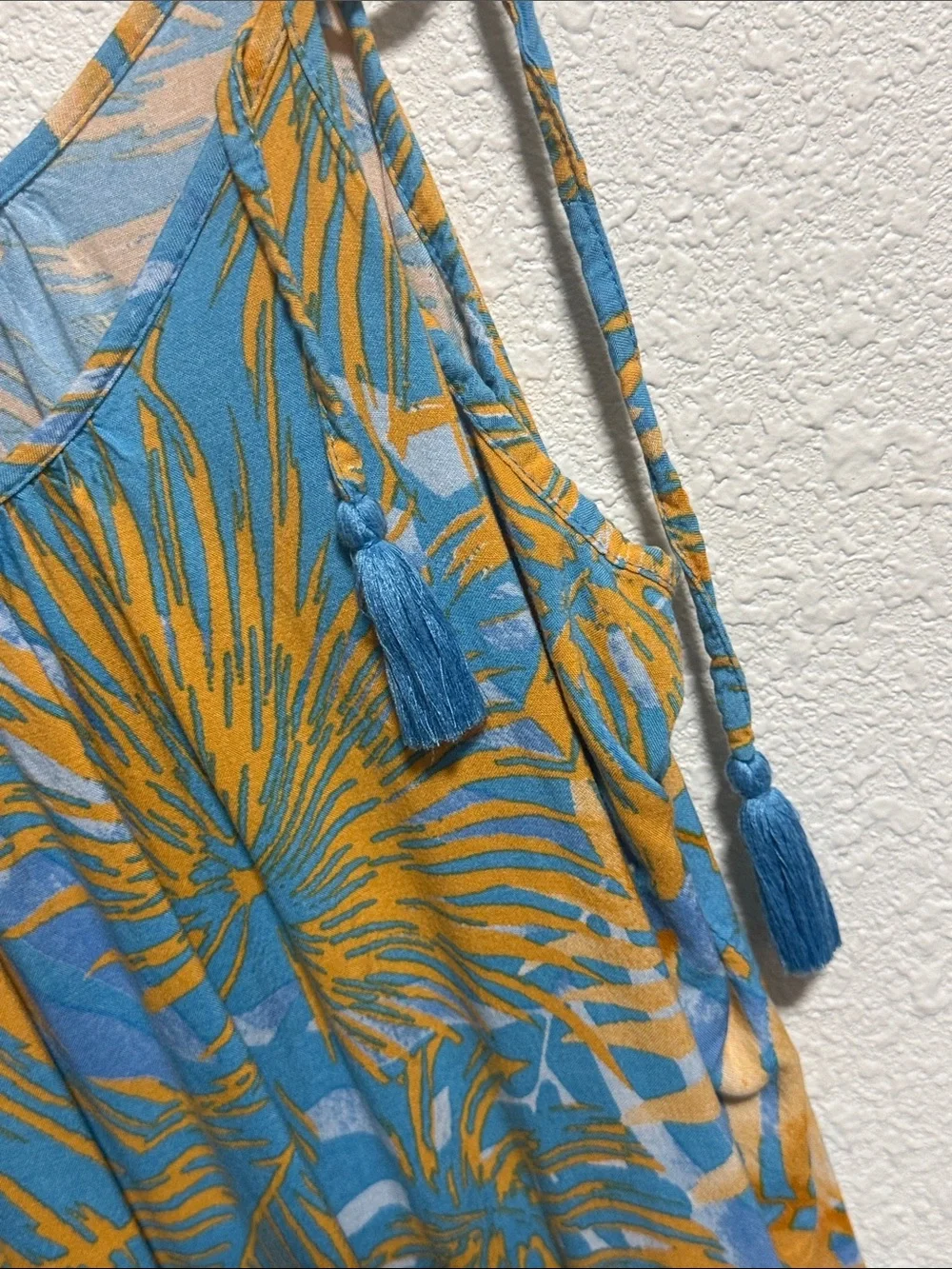 Blue Island Tropical Palm Print Tiered Midi Dress Blue Orange Large Tassel Tie - Picture 5 of 10